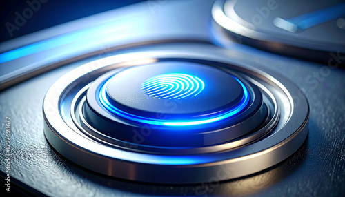 Biometric Authentication Button: A close-up shot of a glowing blue biometric authentication button, symbolizing security and advanced technology.