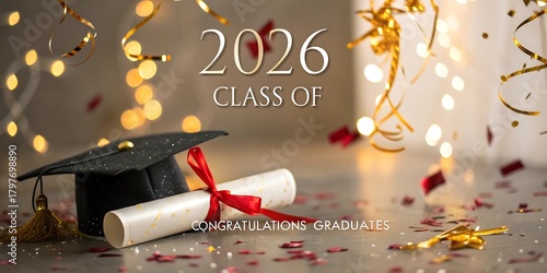 Celebrate the class of 2026 with a graduation cap diploma and festive confetti amidst sparkling lights