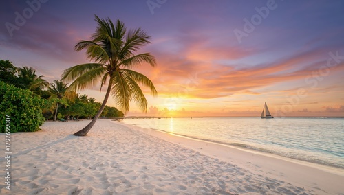 Fototapeta Naklejka Na Ścianę i Meble -  Palm tree on a beach during sunset, ideal for relaxation and tranquility