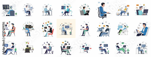 Vector illustrations of software developers, programmers, and IT professionals working on computers, coding, debugging, and engaging in technology support tasks.