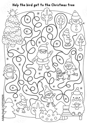 Christmas village black and white maze with bird skating on rink to fir tree. Line detailed labyrinth game with Santa, snowman, elves, penguin. Winter holiday printable activity, coloring page