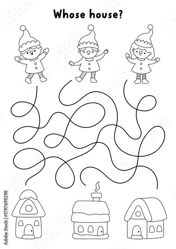 Christmas village black and white maze with elves and their houses. Line labyrinth game with dwarfs and homes. Winter holiday printable activity, worksheet, coloring page. Where the gnomes live