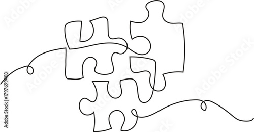 Line Art of a Jigsaw Puzzle - Puzzle, Jigsaw, Teamwork, Connection, Continuous Line Art