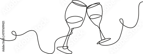 Continuous Line Art of Clinking Wine Glasses - Wine, Toast, Celebration, Cheers, Continuous Line Art,