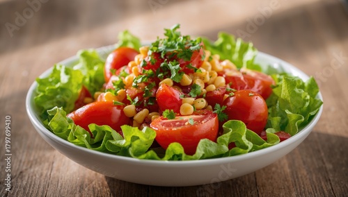 Vegetable salad featuring tomatoes and corn, fiber-dense choice
