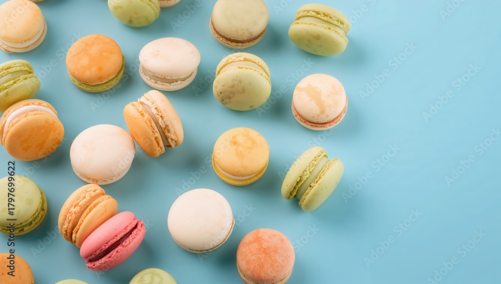 Obraz premium Colorful French macarons arranged on a blue backdrop, vibrant dessert choice
