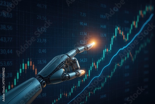 Robot finger pointing at stock market growth chart, artificial intelligence finance