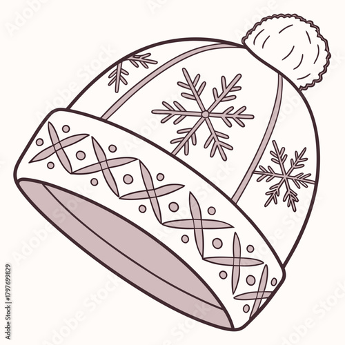 Winter Beanie Hat with Snowflakes and Pom Illustration winter hat knitted