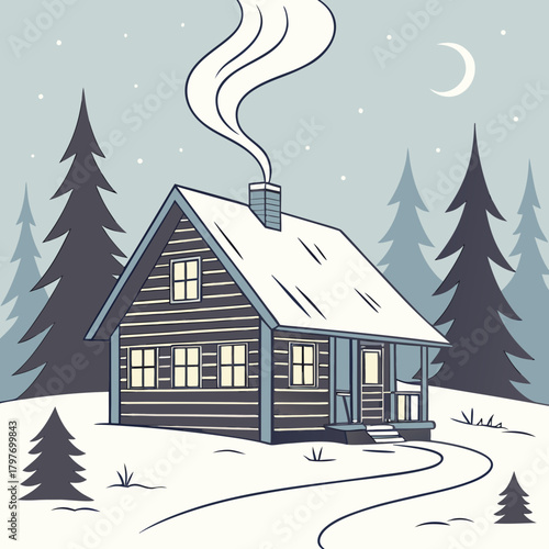 Winter log cabin with smoking chimney under a crescent moon Keywords: winter, cabin, log cabin