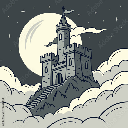 Castle On A Hilltop Surrounded By Clouds Under A Large Moon And Stars fortress stronghold