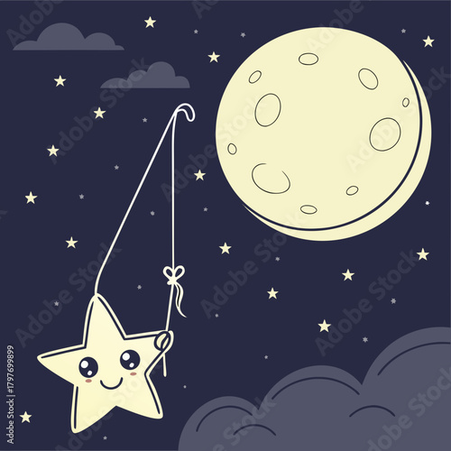 Cute cartoon star fishing for the moon in a starry night sky stars