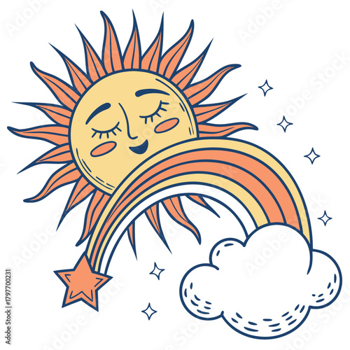 Cheerful cartoon sun with closed eyes and rainbow arching over a cloud stars happy