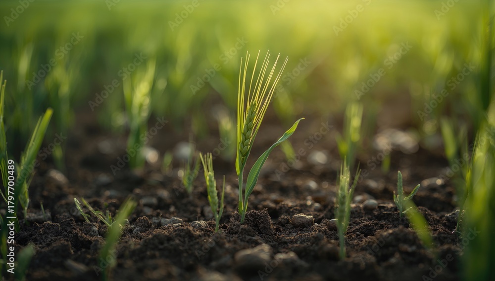 Fototapeta premium Closeup of young wheat sprouts, showcasing growth potential, Earth Day