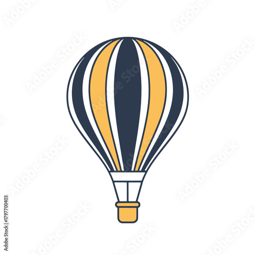 Dark blue and yellow striped hot air balloon with basket on white background travel transport