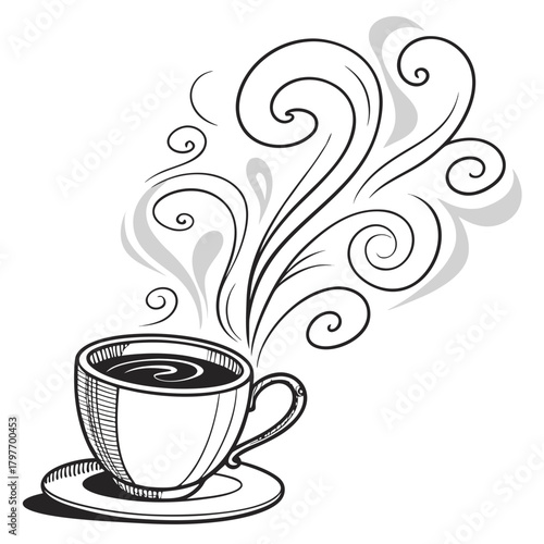 Hand-drawn sketch of a coffee cup with swirling steam and shadow saucer