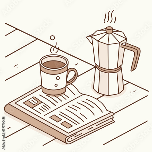 Isometric view of coffee cup, open newspaper and moka pot on a wooden surface morning