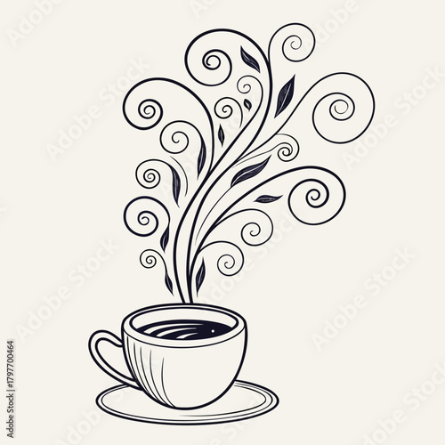Stylized swirling steam rising from a coffee cup and saucer vector illustration