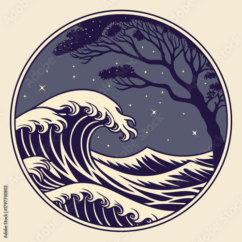 Crashing Ocean Wave Under a Starry Night Sky with a Tree Silhouette water waves