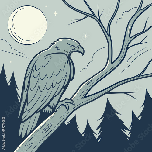 Eagle Perched on Tree Branch Under Moonlight bird raptor