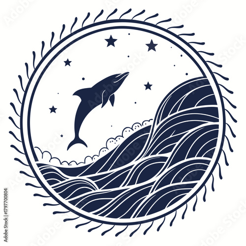 Dolphin Leaping from Waves Under Stars within a Decorative Circle ocean water