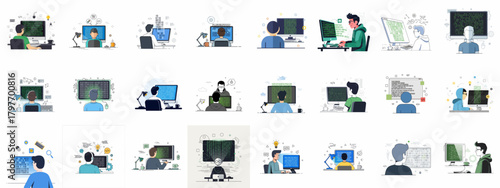 Set of vector illustrations depicting coding, software development, programming concepts, and digital technology work processes.