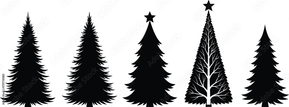 Fototapeta premium Stylized pine tree silhouette illustration—five artistic designs with stars and branching variations for Christmas, nature, and decorative visuals