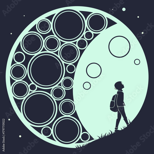 Silhouette of child with backpack looking at a stylized moon with craters night