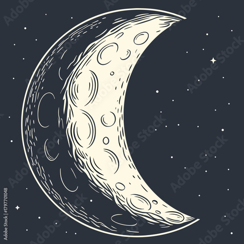 Stylized crescent moon with craters against a dark starry sky night stars