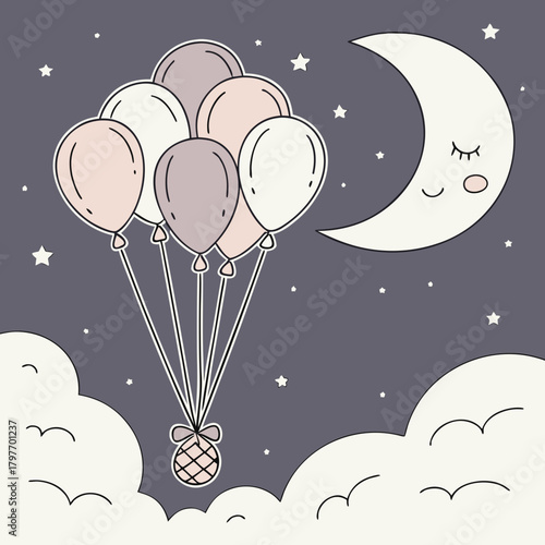 Pastel Balloons Floating Under a Sleeping Crescent Moon Keywords: balloons, helium balloons