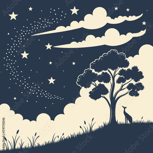 Silhouette of dog under starry sky with shooting stars and tree animal lone tree