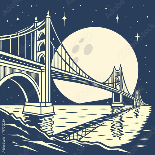 Suspension bridge at night with a giant moon and starry sky reflection moonlight