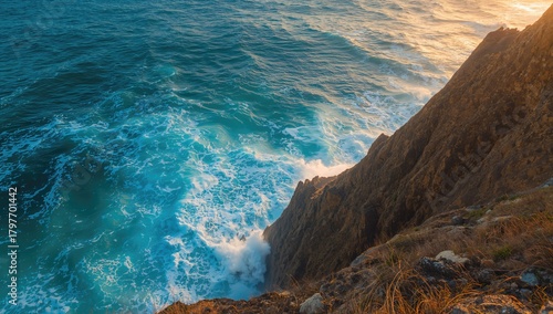 Fototapeta Naklejka Na Ścianę i Meble -  A steep rocky beach sloping downward with crashing waves, erosion risk