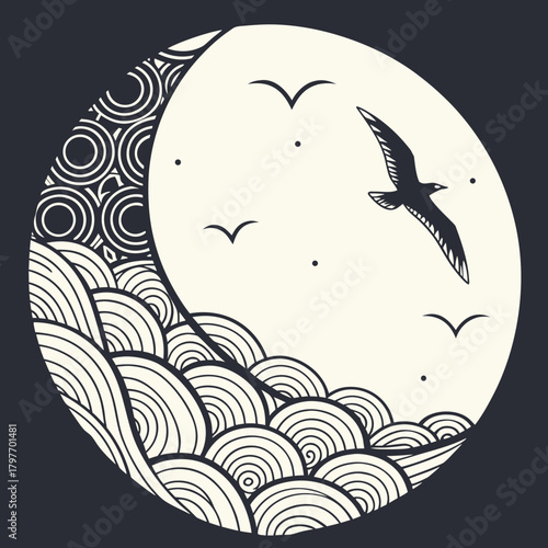 Seagull Flying Over Stylized Waves and Crescent Moon night sky