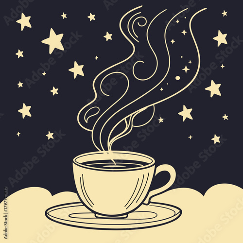 Steaming Cup of Coffee Under a Starry Night Sky saucer hot drink