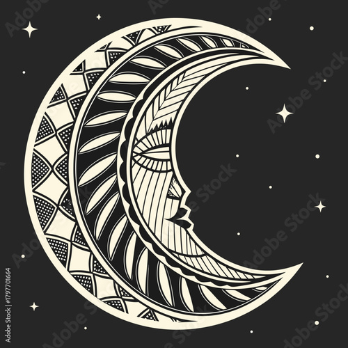 Ornate Crescent Moon with Face and Stars vector illustration