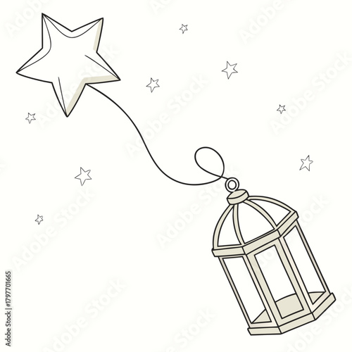 A star tethered to a birdcage with a string against a starry background Keywords: star, tethered