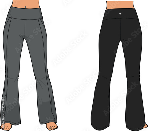 Yoga pants front view, back view, flared bottom, high waist, fitness wear, activewear, technical sketch, fashion illustration, apparel design