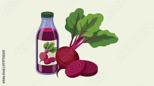 Bottle of Beet Juice with Fresh Beets and Slices on Light Background Keywords: beet, beetroot, juice, bottle, fresh, vegetable, root vegetable, healthy, organic, natural, drink, beverage, sliced