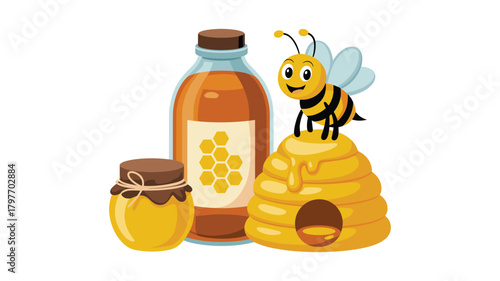 Cartoon Bee on Honeycomb Hive with Honey Jars and Bottle on White Background Keywords: bee, cartoon, honey, honeycomb, hive, beehive, jars, bottle, sweet, food, drink, insect, nature, apiary