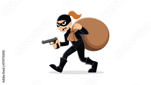 Cartoon Thief in Black Outfit with Gun and Loot Bag on White Background Keywords: thief, cartoon, robber, burglar, criminal, black outfit, mask, gun, pistol, weapon, loot bag, sack, money bag