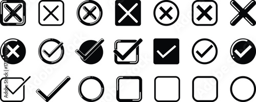 Vector Collection of hand drawn checkmarks and crosses in various shapes and styles