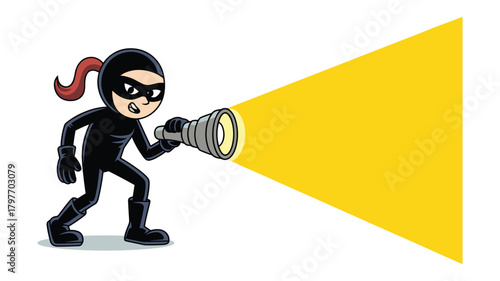 Cartoon Thief with Flashlight Shining Yellow Light on White Background Keywords: thief, cartoon, flashlight, light, beam, yellow, shining, mask, black outfit, running, searching, discovery
