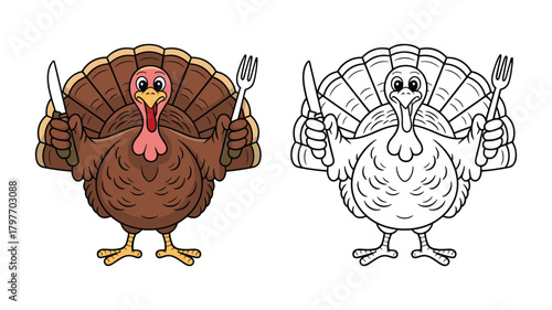 Cartoon Turkey Holding Knife and Fork Ready to Eat character thanksgiving