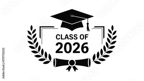 Class of 2026 graduation emblem with a laurel wreath, diploma, and graduation cap logo symbol
