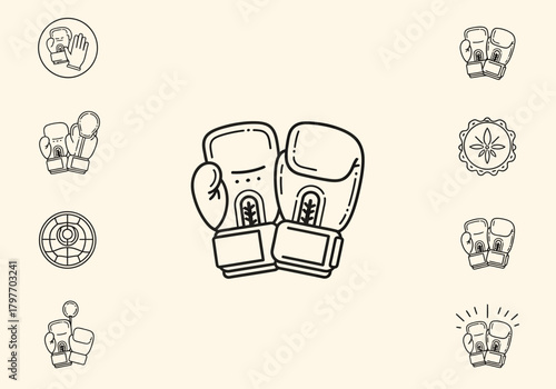 Doodle icons of boxing gloves and related objects on a light background