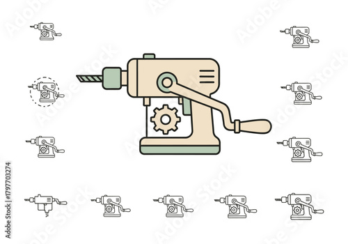 Illustration of a handcranked drill and its smaller icon variations