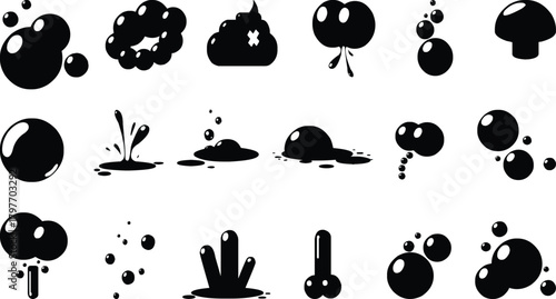 Vector Collection of black ink splatters and drips in various abstract shapes and forms