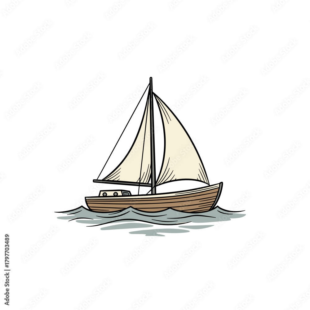 Fototapeta premium Simple wooden sailboat sailing on calm waves in the ocean