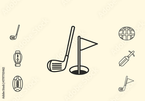 Outline icons related to sports including golf equipment and other objects on a pale background