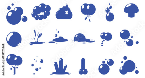 Vector Collection of blue abstract organic shapes and blobs representing liquid splashes and fluid forms